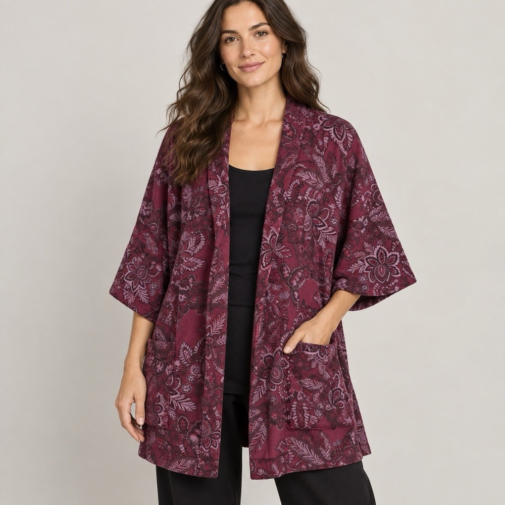 Bryn Walker Floral Fleece Kimono Cardigan S Lagenlook USA Boho Cozy Fall Top